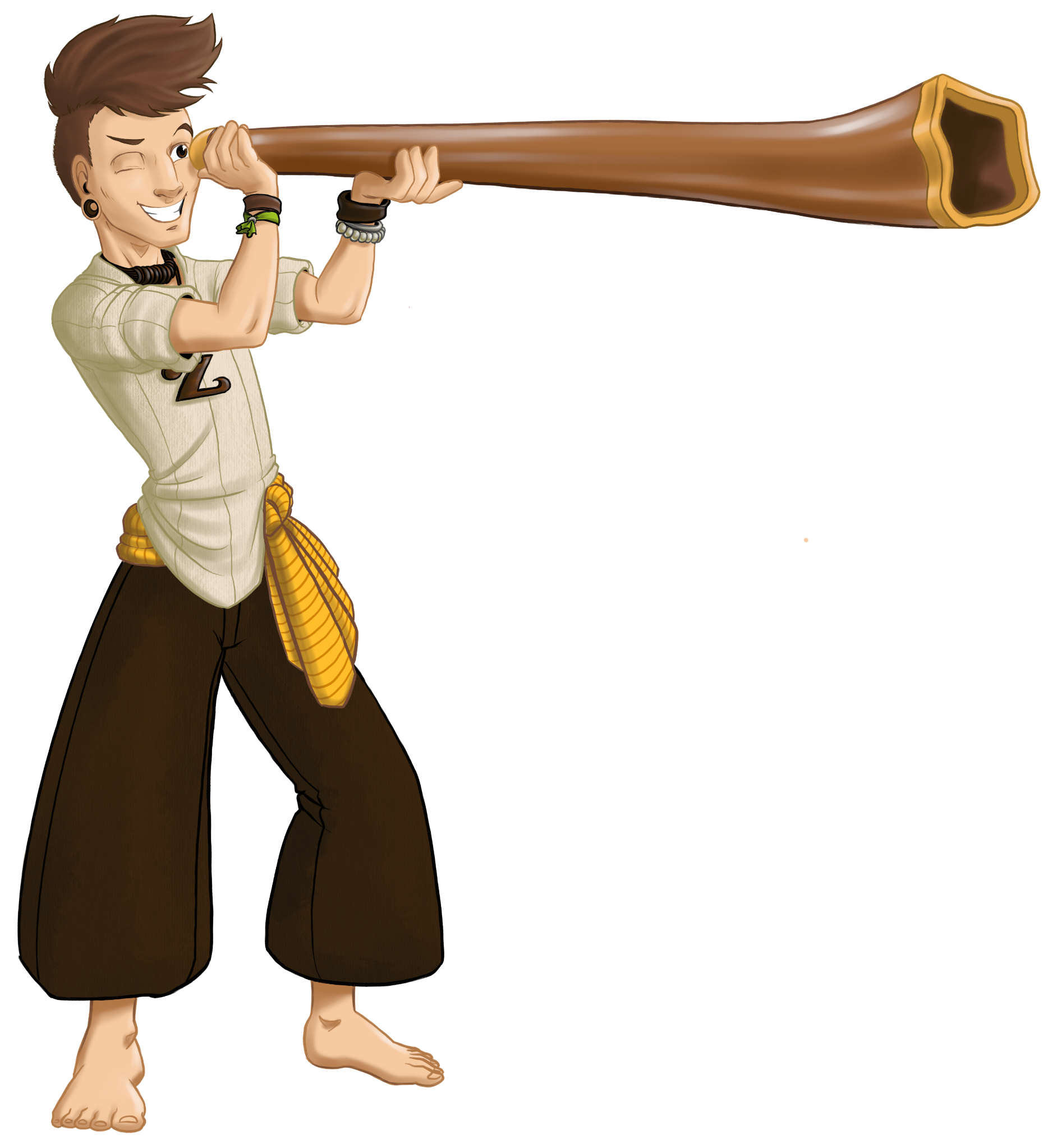 Zalem, the Didg’Exploration character, looking through a didgeridoo
